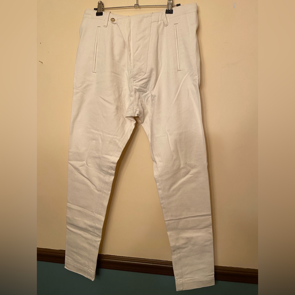 Arje Men’s Slim Leg Teo Drop Crotch Denim Pants Antique Ivory Button Fly S